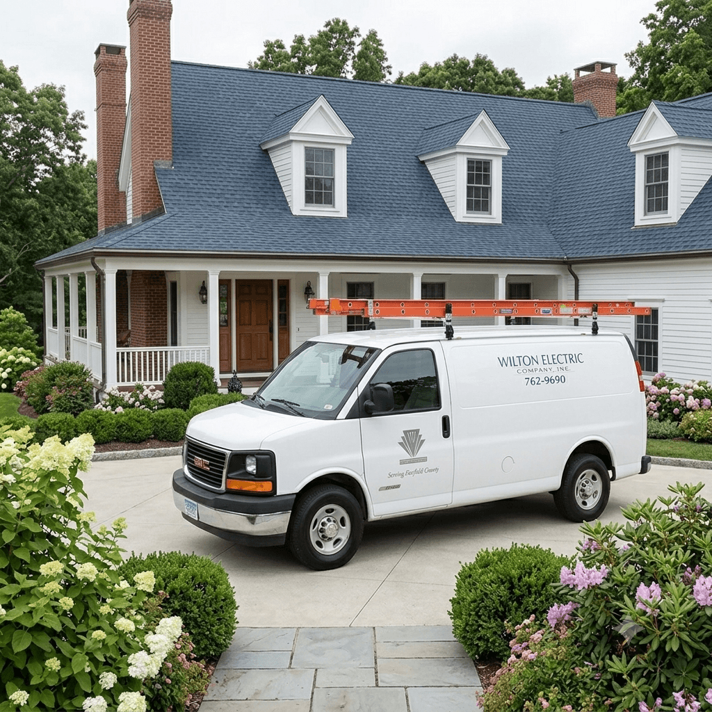 Wilton Electric service van parked in front of a Fairfield County home
